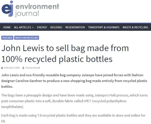 Caroline Gardner Designs John Lewis Shopping Bag Made Entirely From  Recycled Plastic Bottles — Jutexpo